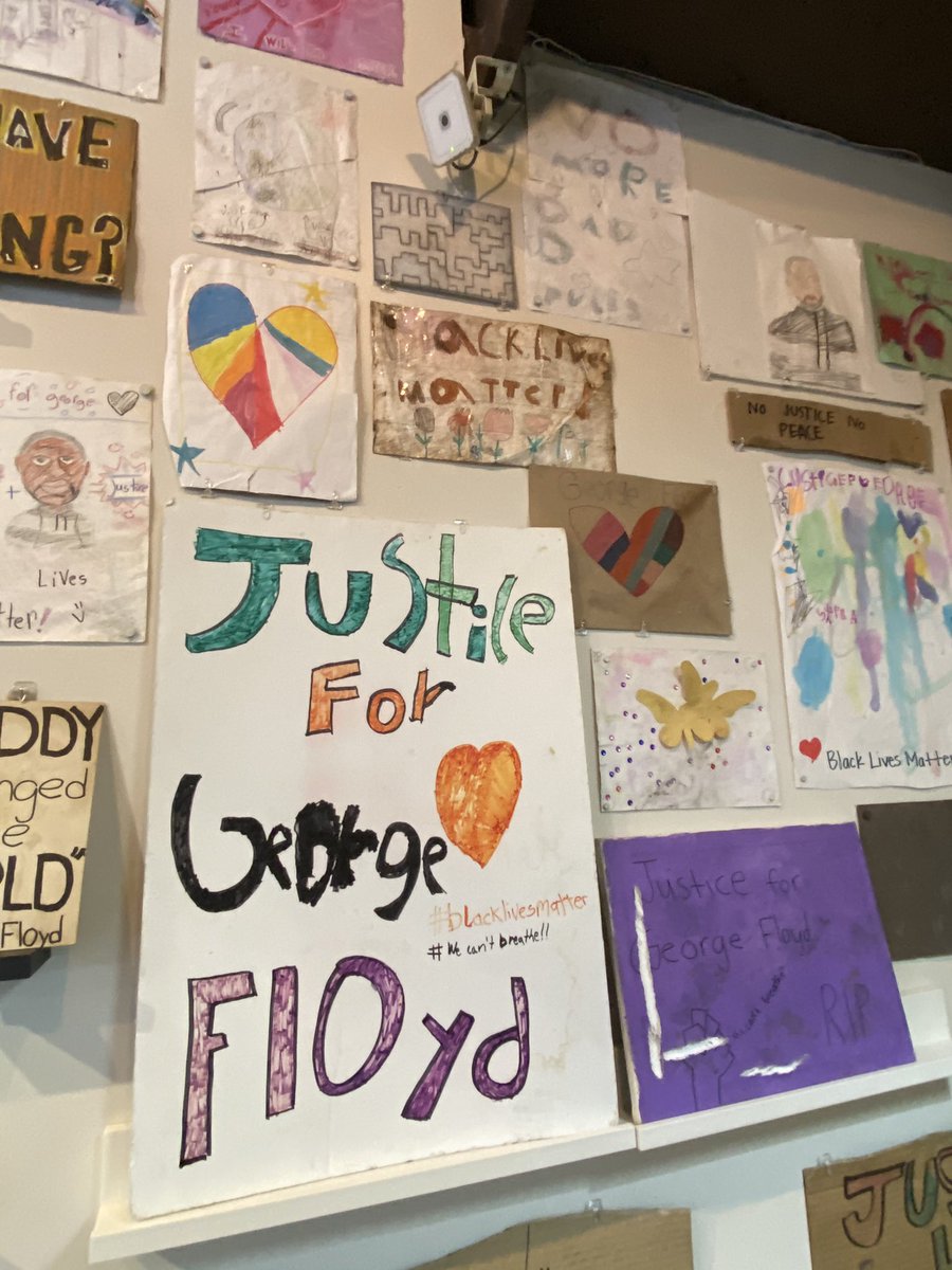 Some of the 200 pieces inside the pop up memorial art space next to Cup Foods Acoma Gaither, a fellow w/ the Midwest Art Conservation Center, said they’ve archived ~2,300 pieces since Floyd was murdered. The most common things people leave: flowers, weed, and portraits of him