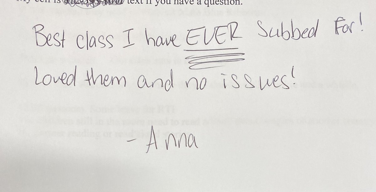 Proud teacher moment when you get this note about your class. I am sure the sub was great too! ⁦⁦<a href="/ndeschargers/">North Elementary</a>⁩