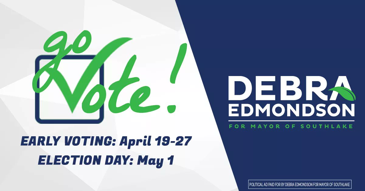 DebraEdmo's tweet photo. Monday, April 19 - Friday, April 23 (8:00am - 5:00pm) 
Saturday, April 24 (7:00am - 7:00pm)
Sunday, April 25 (11:00am - 4:00pm)
Monday, April 26 - Tuesday, April 27 (7:00am - 7:00pm)

Make your plan to vote. Bring a friend and let's move Southlake #ForwardTogether https://t.co/f26YbzKnjx