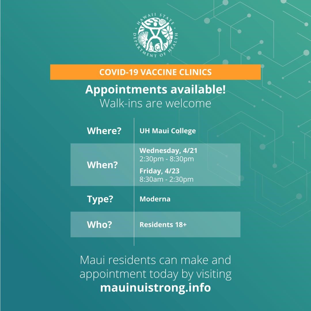 Hawaii Department of Health on Twitter "Walkin appointments for 