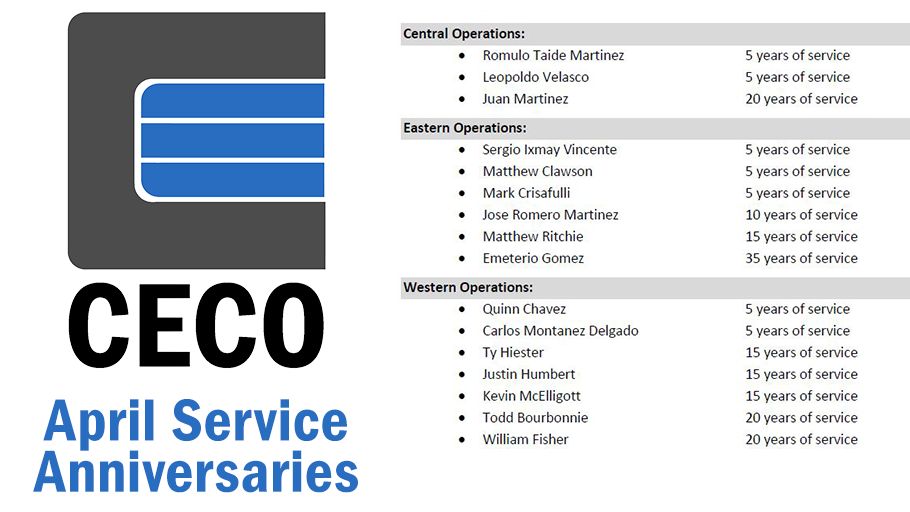 CecoConcrete's tweet photo. We have a lot of milestone anniversaries to celebrate in April—and quite a few people who chose to spend their careers with us. Please join us in celebrating our dedicated employees who help make Ceco great! #CecoConcrete #CecoElevated https://t.co/Rz8rWZPYbJ
