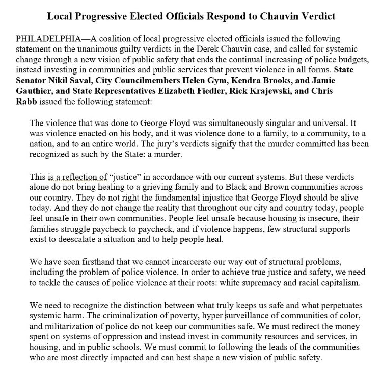 This verdict brings great relief, but does not right the fundamental injustice that George Floyd should be alive today. And it does not change the reality that throughout our city and country, people feel unsafe in their own communities. 

My statement with my colleagues ⬇️