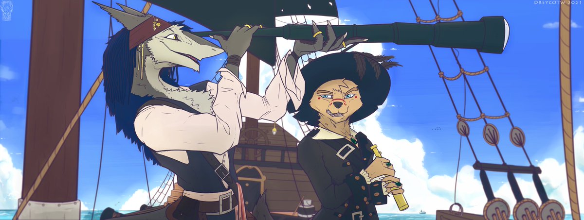 TwDreyco's tweet photo. Two friends cosplaying their fursonas like Pirates of Caribbean, one as Jack Sparrow and the other as Captain Barbossa~ 
Flat Color commission for Wolfpack on FA.
#furry #sergal #piratesofCaribbean #dreycotw https://t.co/Q7IMYLIORi