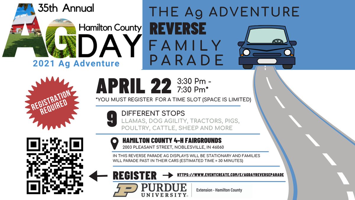 PurdueExtHamCo's tweet photo. In honor of the 35th Annual Hamilton County Ag Day, Purdue Extension Hamilton County, is excited to be hosting the 1st ever Reverse Family Parade this Thursday.  Registration is required:  https://t.co/hrNqYGMZbH. 

#AgDay2021 #PurdueExtension #FamilyFun https://t.co/caHIEPtZVe