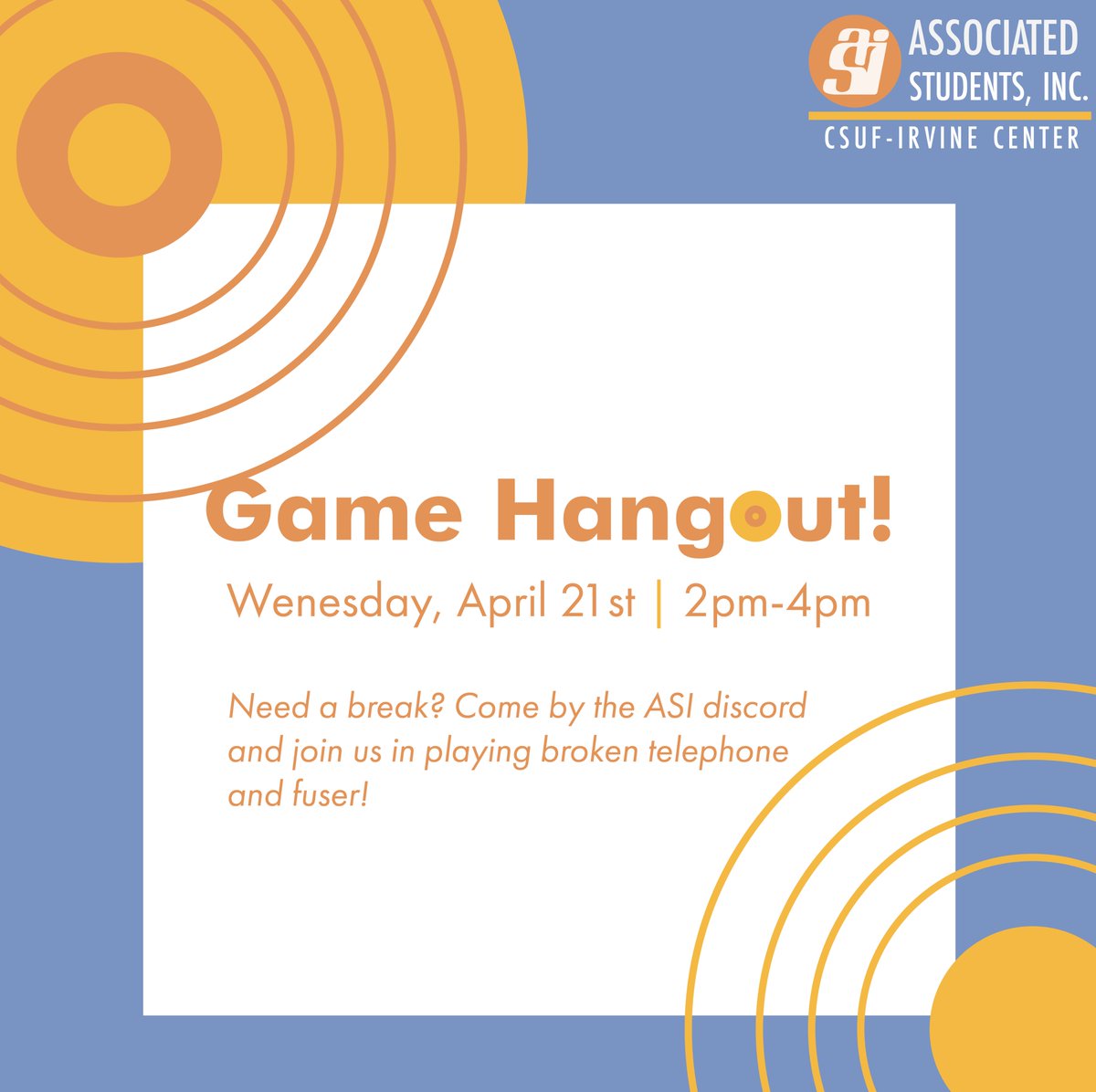 Titans! Come by tomorrow anytime from 2-4pm and play fuser and broken telephone! The discord is linked in our bio! Open to csuf students only