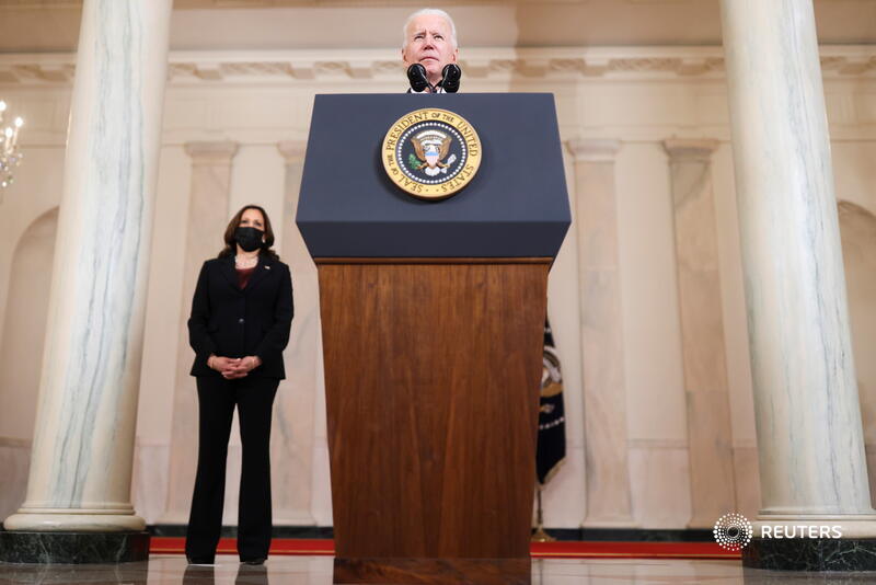 'This can be a giant step forward in the march toward justice in America,' said President Joe Biden, as Vice President Kamala Harris looked on, in the Cross Hall at the White House. More images of reaction after the Chauvin verdict:  https://reut.rs/3dwMNf8    @tombrennerphoto