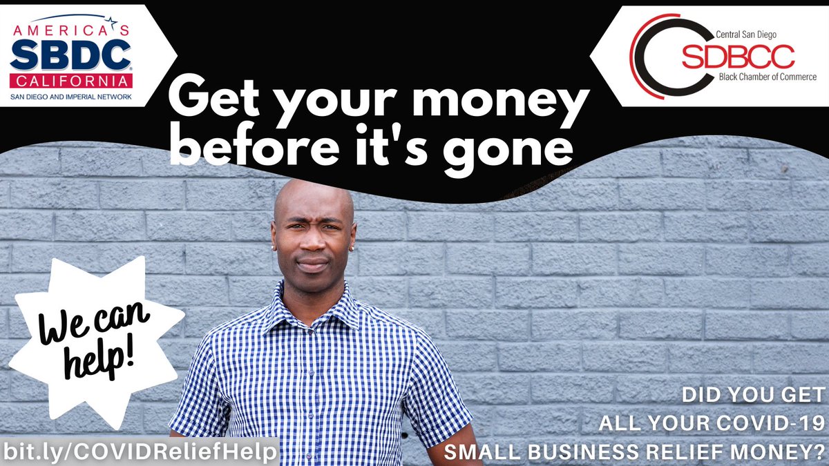 SDSBDCNetwork's tweet photo. Tap into the pandemic capital belonging to you &amp; get help doing so! Request assistance w/ #PPP, #PPP2 &amp; the #CAReliefGrant. We provide free, expert, 1:1 business advising &amp; can assist you. Deadlines are approaching! https://t.co/5pDJKTBSu1 @CSDBlackChamber https://t.co/ZvA1AqoXDw