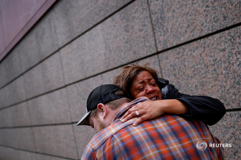 People hug in front of Hennepin County Government Center, as an elated crowd celebrates in Minneapolis. More photos as guilty verdict returned against George Floyd's killer:  https://reut.rs/3dwMNf8    @reutersbarria