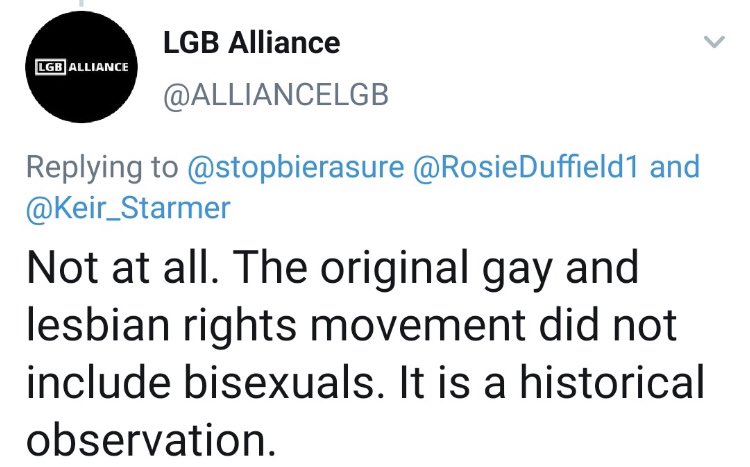 Here is LGB Alliance, lying by stating that bisexuals somehow didn’t play a role in early years of the LGBT Civil Rights Movement.