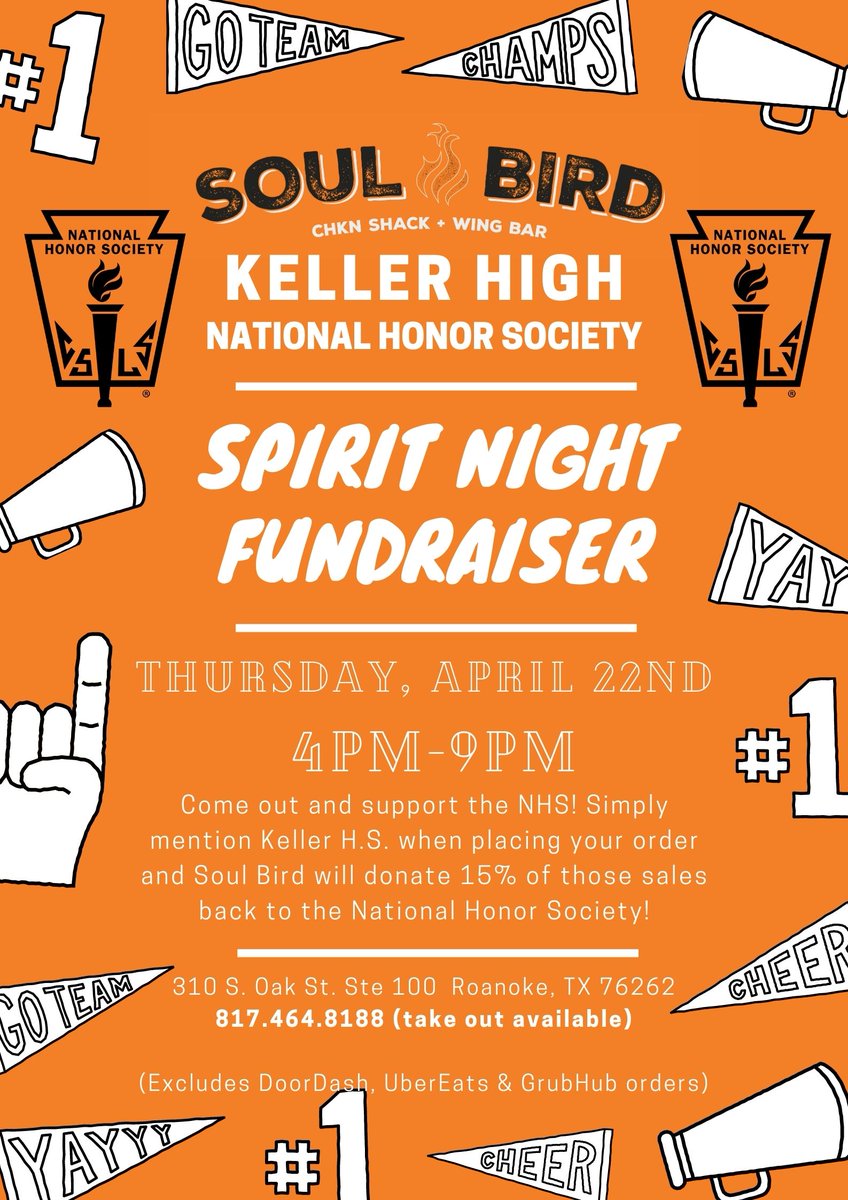 Please come support us this Thursday (4/22) at our Soul Bird Spirit Night from 4-9 PM! Be sure to mention us when you order!