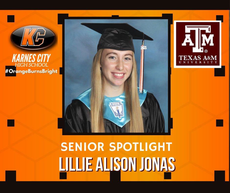 Lillie Alison Jonas has been accepted to Texas A&amp;M University-College Station, Texas Christian University, and UTSA. She will be attending Texas A&amp;M University in College Station to major in Agribusiness and Accounting to pursue a career as a Management Accountant.