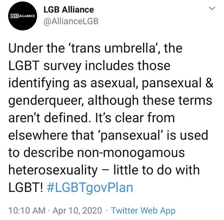 Here is LGB Alliance, openly attacking asexuals, pansexuals, and genderqueer people.