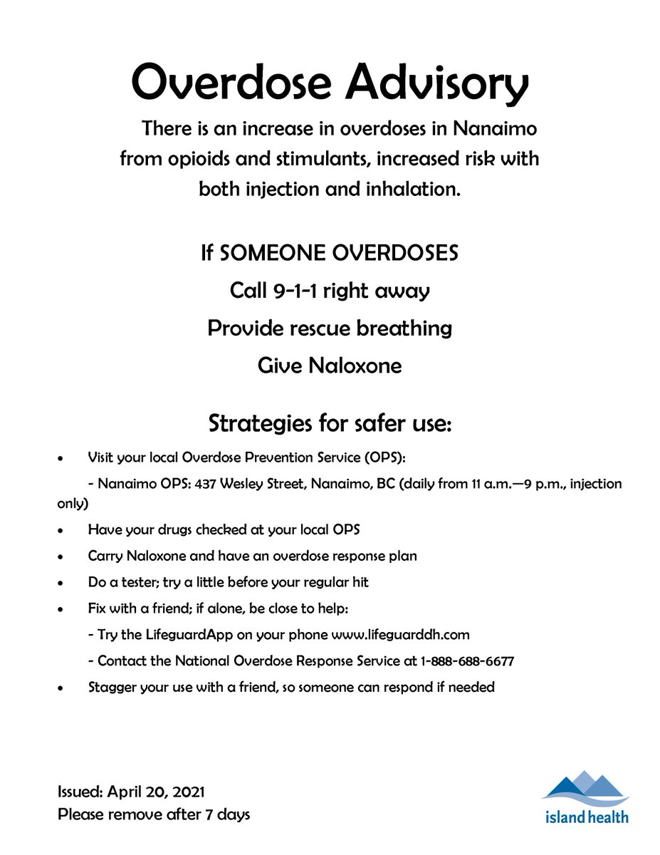 VanIslandHealth's tweet image. Please share: Overdose advisories have been issued for Victoria #yyj, #ComoxValley #Nanaimo and #CampbellRiver. 
islandhealth.ca/stopoverdose.