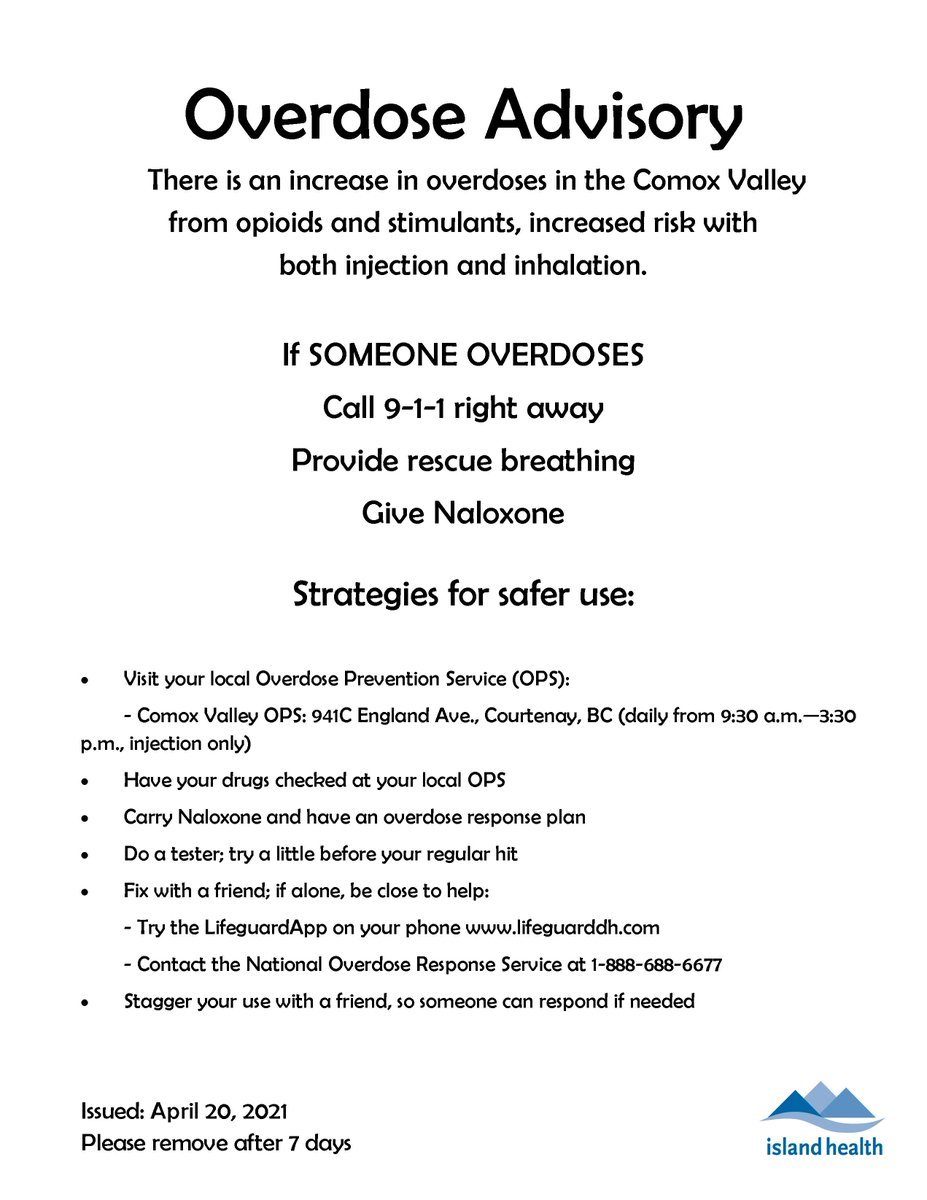 VanIslandHealth's tweet image. Please share: Overdose advisories have been issued for Victoria #yyj, #ComoxValley #Nanaimo and #CampbellRiver. 
islandhealth.ca/stopoverdose.