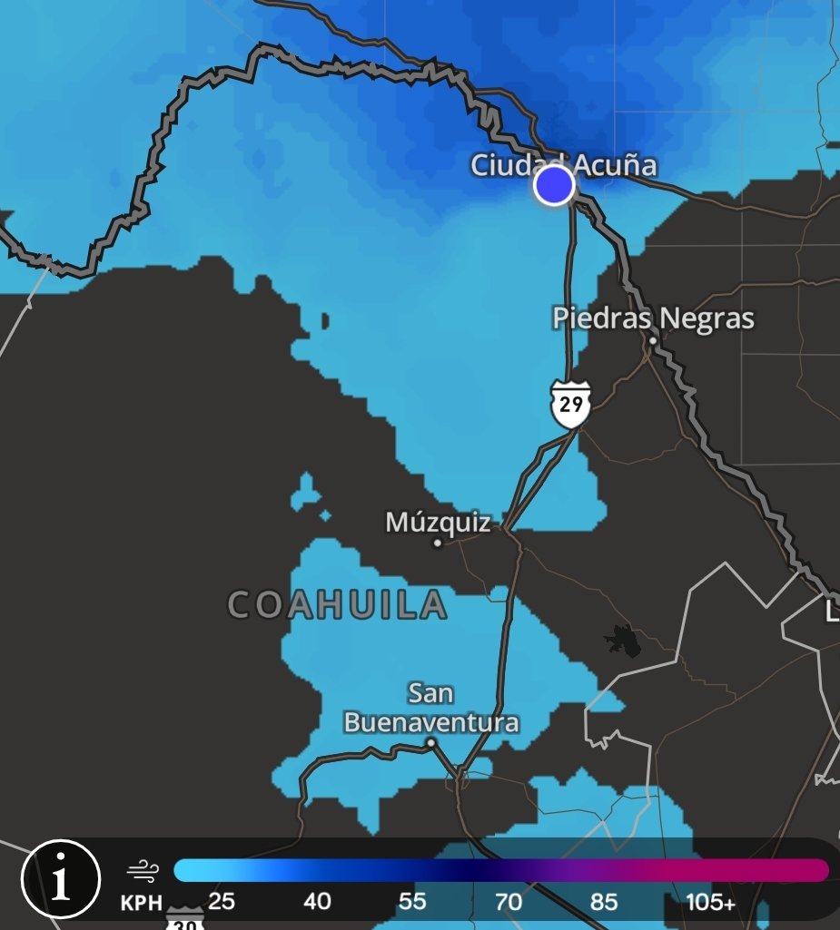 TiempoCarbon's tweet photo. El #FF52 ya sobre el norte de Coahuila en combinacion con una línea seca propiciando vientos de hasta 40 kph esta tarde en Acuña, Santa Eulalia  Presa La amistad, sierra de Acuña.

Conforme  se mueve propiciará vientos en Jimenez, La Potasa, San Carlos y Piedras Negras. https://t.co/JqGZGXbV37