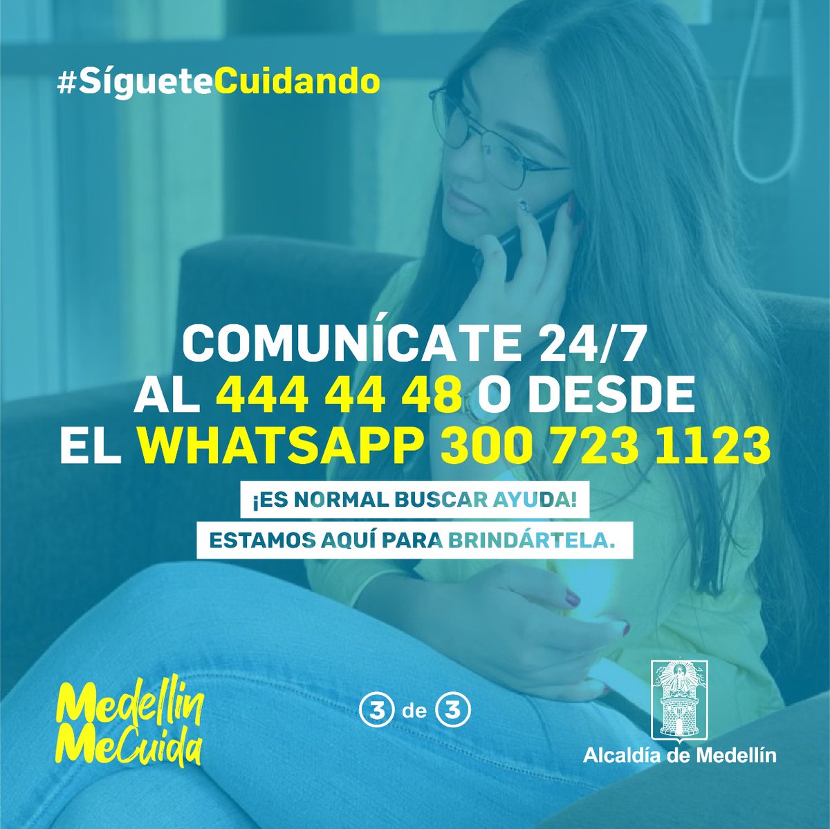 AlcaldiadeMed's tweet photo. ¡Es normal buscar ayuda! 
Estamos aquí para brindártela cuando la necesites, ¡#MedellínMeCuida! 
Comunícate 24/7 ☀️🌙 con la #LíneaAmigaSaludable ☎️, para conversar con un psicólogo y conocer la ubicación del Escuchadero más cercano o solicitar ayuda ante situaciones de urgencia. https://t.co/xK6Wi2syp0