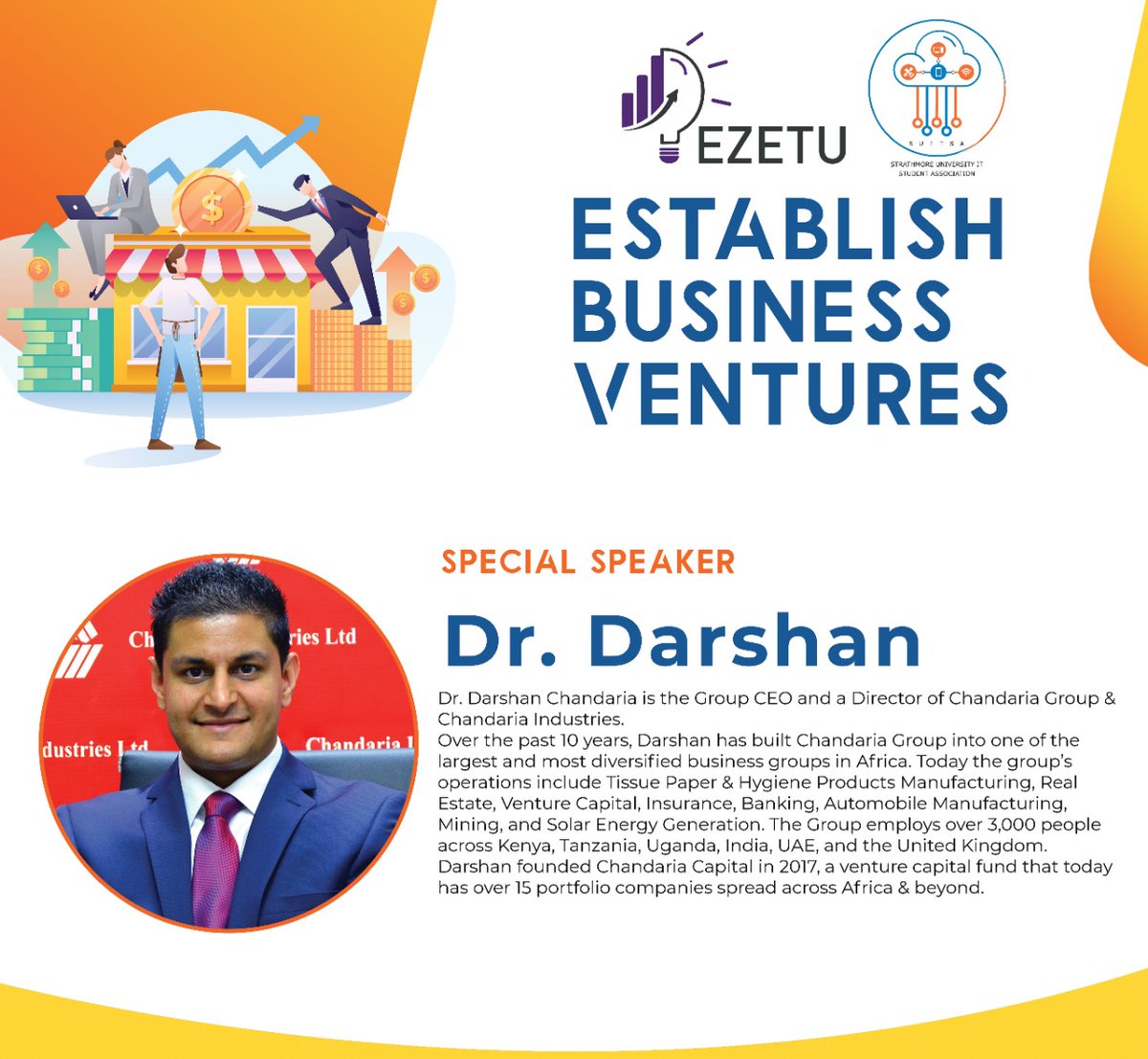 We are excited to host <a href="/dchandaria/">Darshan Chandaria</a> - the Group CEO and a Director of Chandaria Group &amp; Chandaria Industries.

Dr Chandaria built <a href="/ChandariaKenya/">Chandaria Industries</a> into one of the largest and most diversified business groups in Africa!

#Pezetuke #SUITSA #Entrepreneurship #BusinessVentures