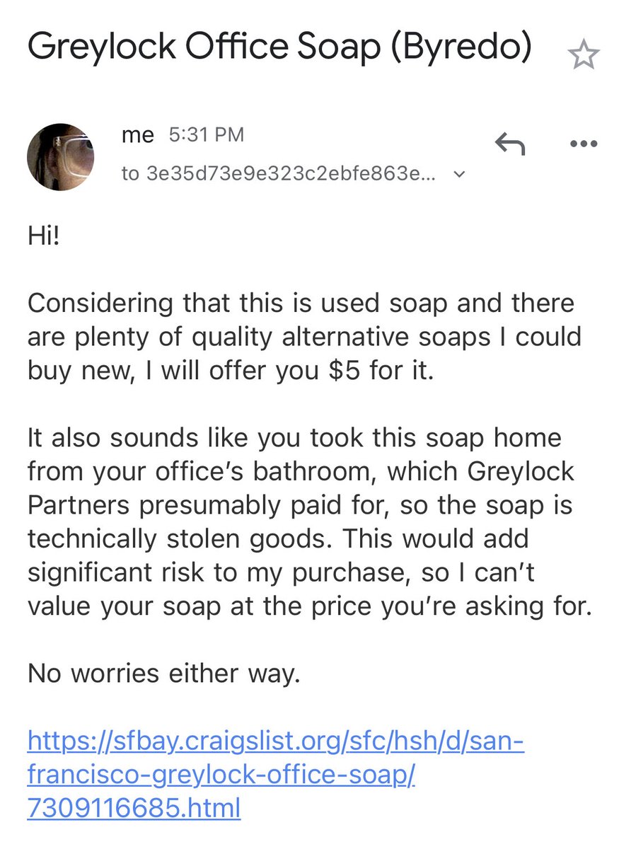 I’m negotiating with Greylock to ask for a better price on the soap. Let’s see what they say.