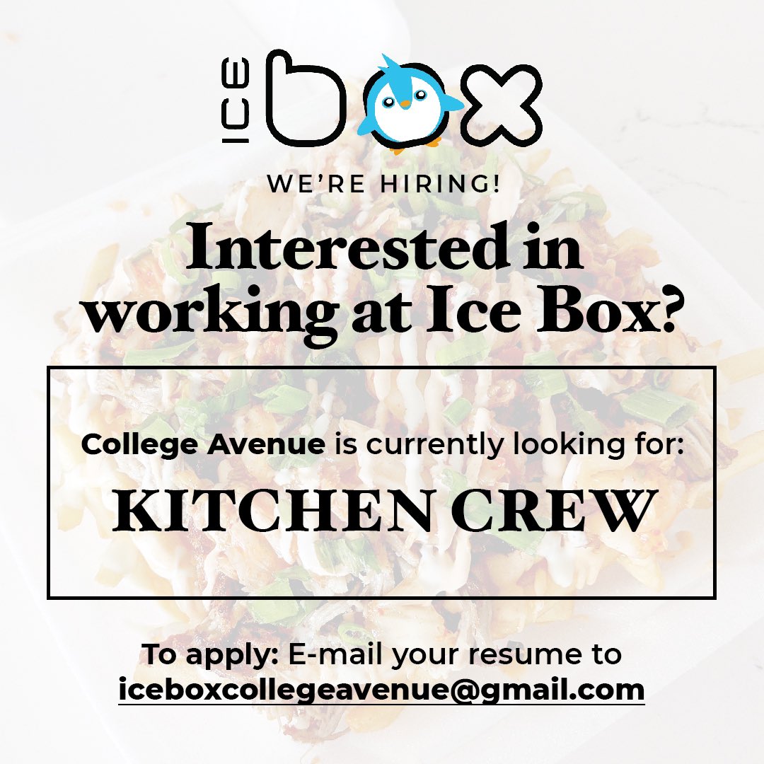 sdicebox's tweet image. ✨ COLLEGE AVENUE is hiring ✨

Become part of the College Avenue Ice Box team! Please send your resumes to iceboxcollegeavenue@gmail.com. Thank you! 🎉

#sdicebox #iceboxcollege #supportsmallbusiness #supportlocalssd #nowhiring #sandiegojobs #eatersandiego #sandiego #hiringnow