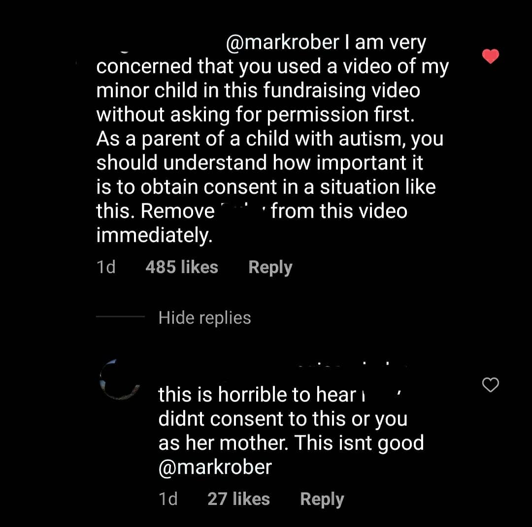 oneaudhder's tweet image. @AutSciPerson has this been highlighted yet? 

ID: Screenshot of comments (names blacked out) on @markrober&apos;s instagram of a parent expressing concern that he used a video clip of their child without consent and asking him to remove the video clip.

Don&apos;t #ColorTheSpectrum