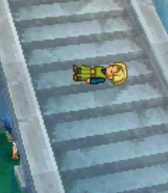 Christopher Collapsus (actual NPC name) is laying on the stairs ... or rather that's what he wants you to believe. Due to being a 2D character once the camera is rotated he is seen floating in the air.