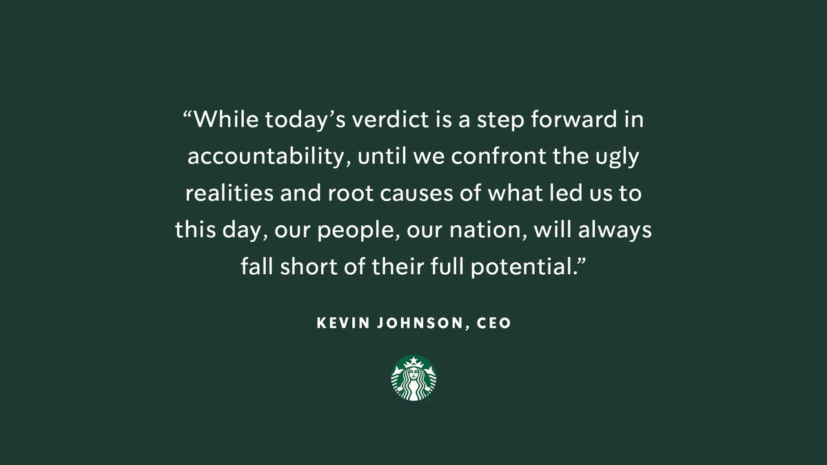 George Floyd should be alive today. We still have work to do to address systemic racism and ensure everyone has an equal chance to succeed and thrive.

Black lives matter, and we stand with our Black customers and partners. sbux.co/3anJ69y