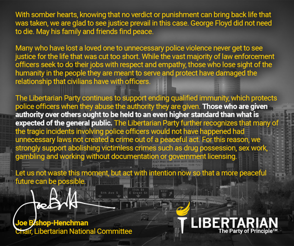 lprva17's tweet photo. Libertarian Party Statement On The Derek Chauvin Verdict - https://t.co/t7QygV7t2f https://t.co/mfplSCT9kQ