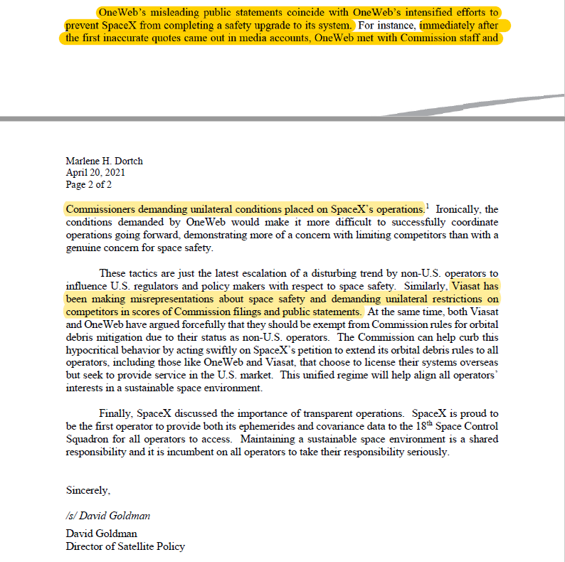 SpaceX adds that "immediately after the first inaccurate quotes came out in media" OneWeb representatives met with FCC staff "demanding unilateral conditions placed on SpaceX's operations."Highlights mine: