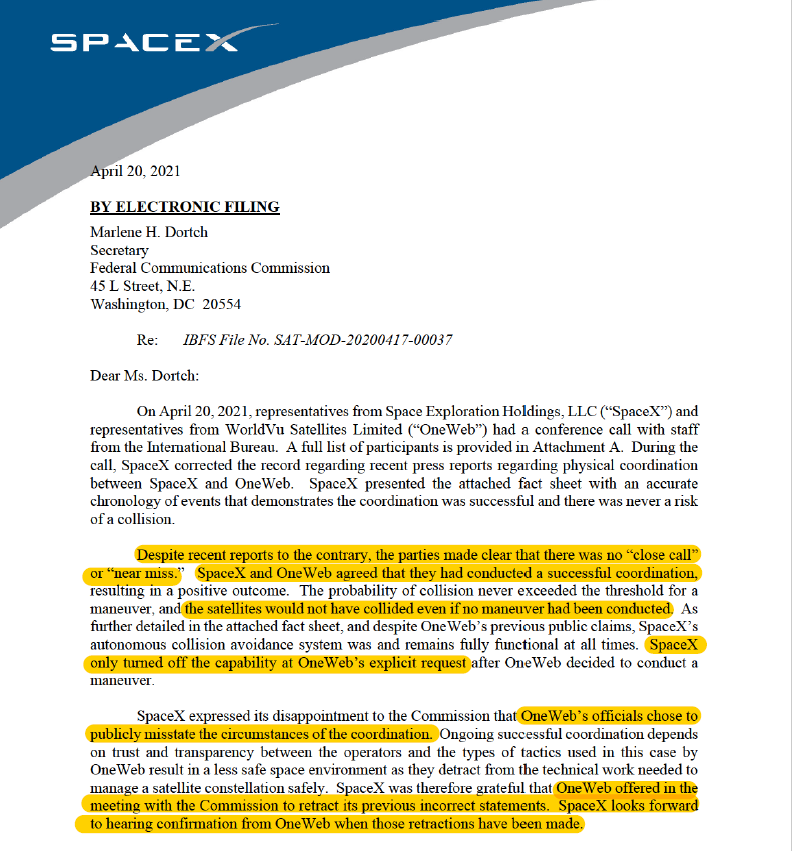 SpaceX, in an FCC filing, says there was no "close call" between a Starlink and a OneWeb satellite last month:OneWeb "chose to publicly misstate the circumstances of the coordination" and have now offered to "retract its previous incorrect statements." https://licensing.fcc.gov/myibfs/download.do?attachment_key=6212177