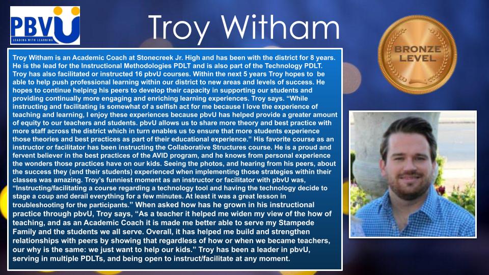 Please join @pbvUniversity in celebrating @troywitham as a Bronze level #pbvU instructor/facilitator. Troy’s experiences with @pbvU have helped him “build and strengthen relationships with peers” through a common purpose. Thank you @MrWitham for partnering with us.