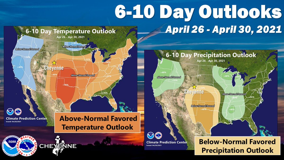 NWSCheyenne's tweet photo. The Climate Prediction Center is predicting above-normal temperatures with below-normal precipitation for April 26th through April 30th. In summary, ⬆️☀️ ⬇️🌧 #WYwx #NEwx #climatepredictioncenter https://t.co/vka5A5dJeL