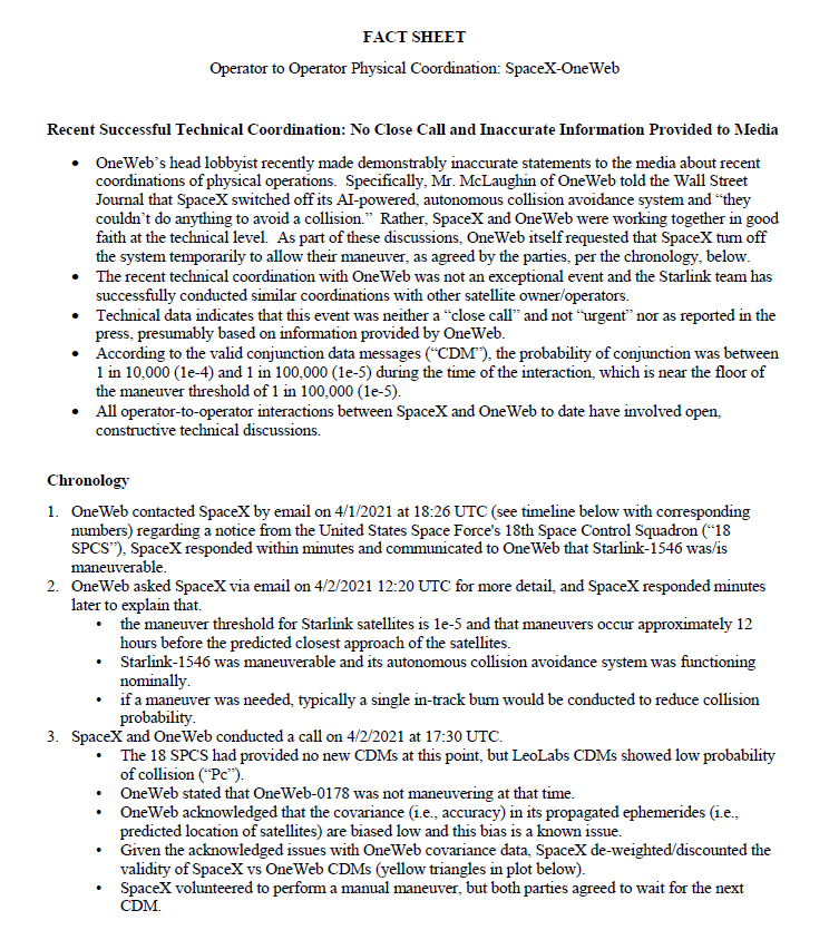 Here is the SpaceX play-by-play on this event, noting that OneWeb requested SpaceX turn off Starlink's autonomous collision avoidance system:The Air Force's  @18SPCS reported miss distance of 1,120 meters, while  @LeoLabs_Space reported miss distance as 1,072 meters.