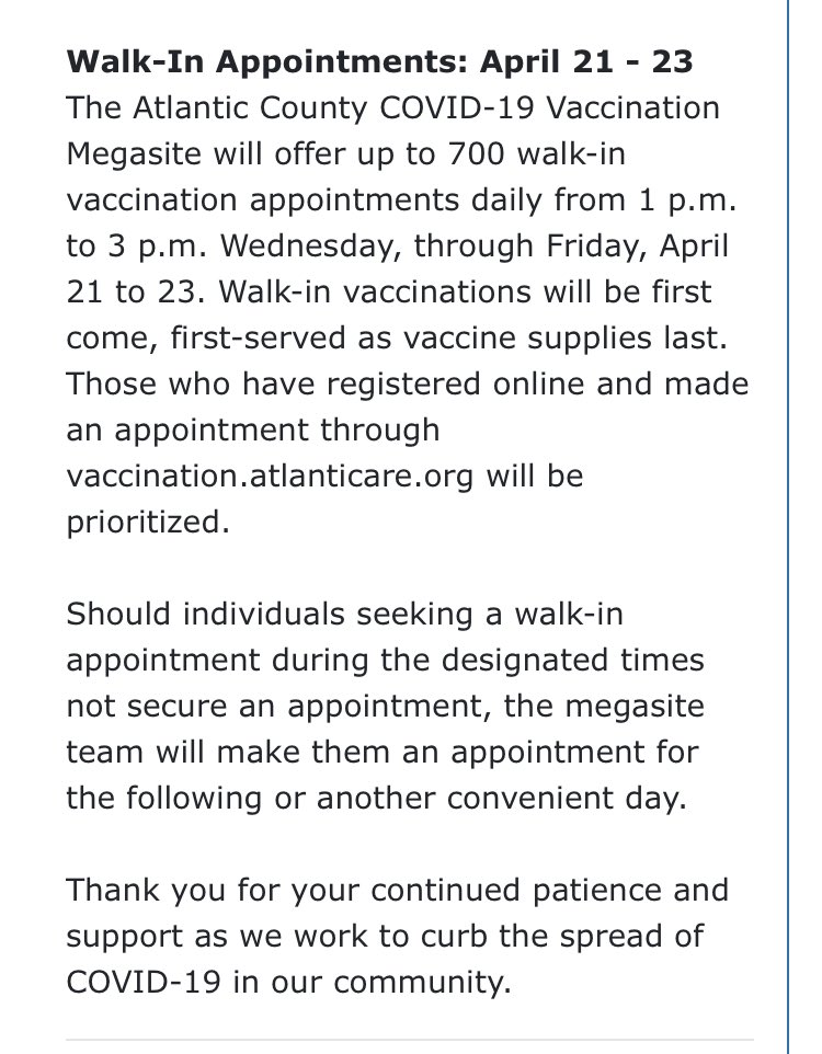 wannabewords's tweet photo. @nj_vaccine According to the website, AC now has walk-in times 21-23! https://t.co/kwLkZhRQAH https://t.co/jgRWJufao4