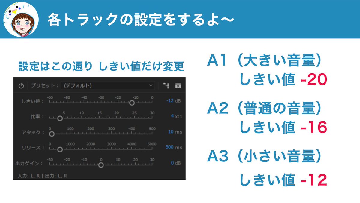 ryo_jp14's tweet photo. 【#動画編集 mini-Tips📒】

こぱん(@Co_Copain_Chou2 )さんの

『こぱん流：SE時短術』

効果音(SE）は１個ずつチマチマ調整してませんか？

こぱん流は
シングルバンドコンプレッサーを使って
トラック３つに分けて「大・中・小」に設定
そこにバラバラの音量のSEをポイポイ置くだけ！ https://t.co/Ilu0YZmP3F