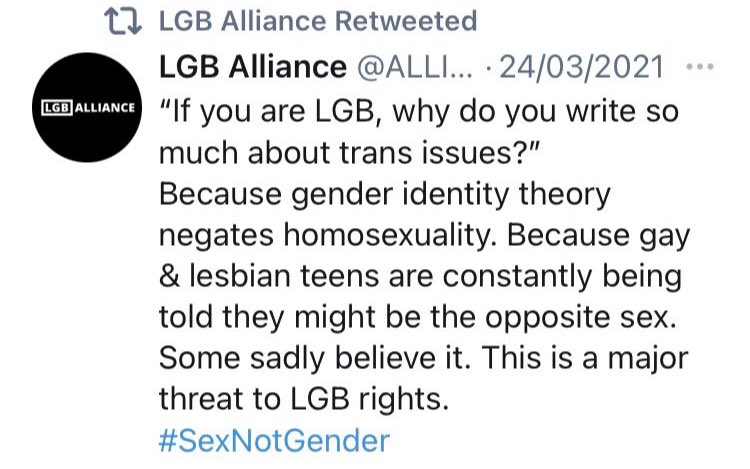 Here is LGB Alliance, claiming that trans people existing magically “negates homosexuality.” Apparently, LGB Alliance doesn’t know that many trans people are also gay.