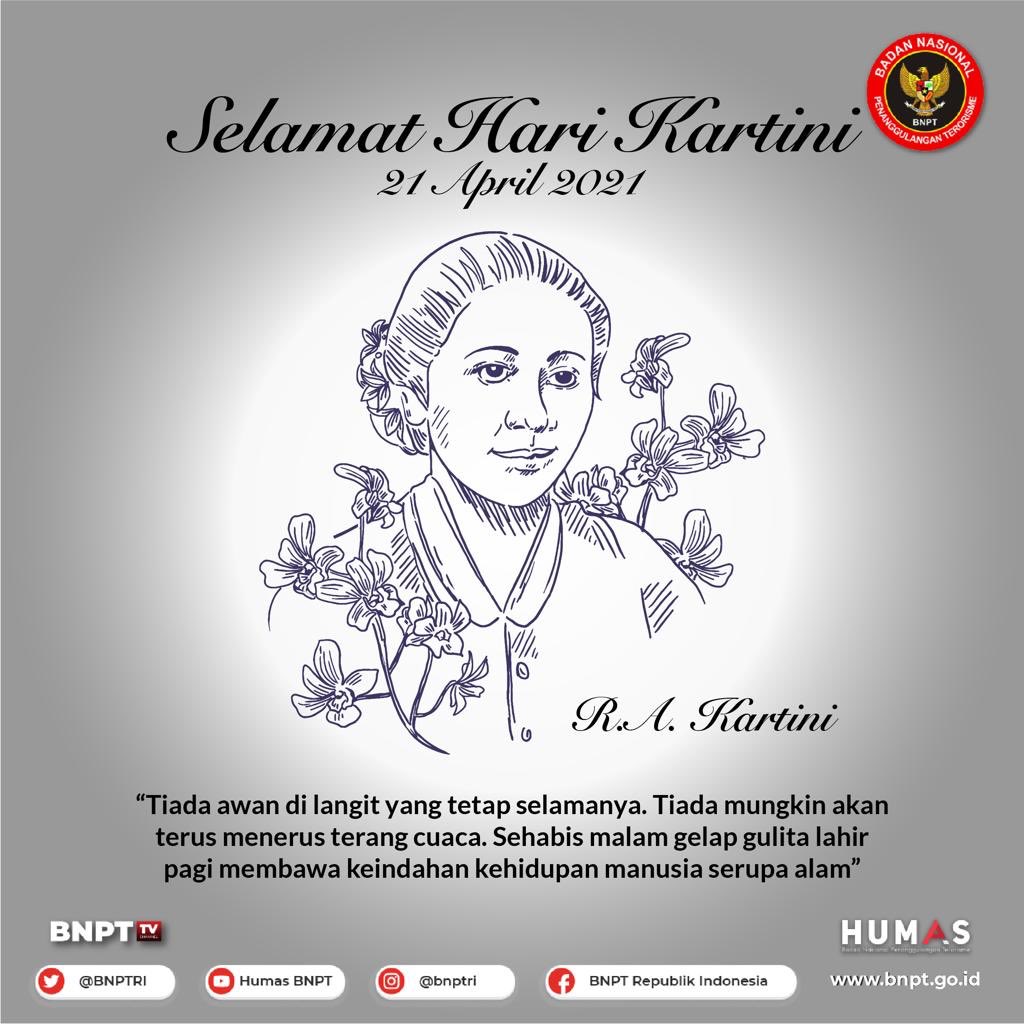 BNPTRI's tweet photo. Selamat memperingati "Hari Kartini" 
21 April 2021 

Semangat Kartini membangkitkan  perempuan Indonesia menjadi tangguh dan hebat, untuk berjuang di masa pendemi.
.
.
.
#harikartini2021 #selamatharikartini2021 #bnptri https://t.co/pKDvUuSRdU