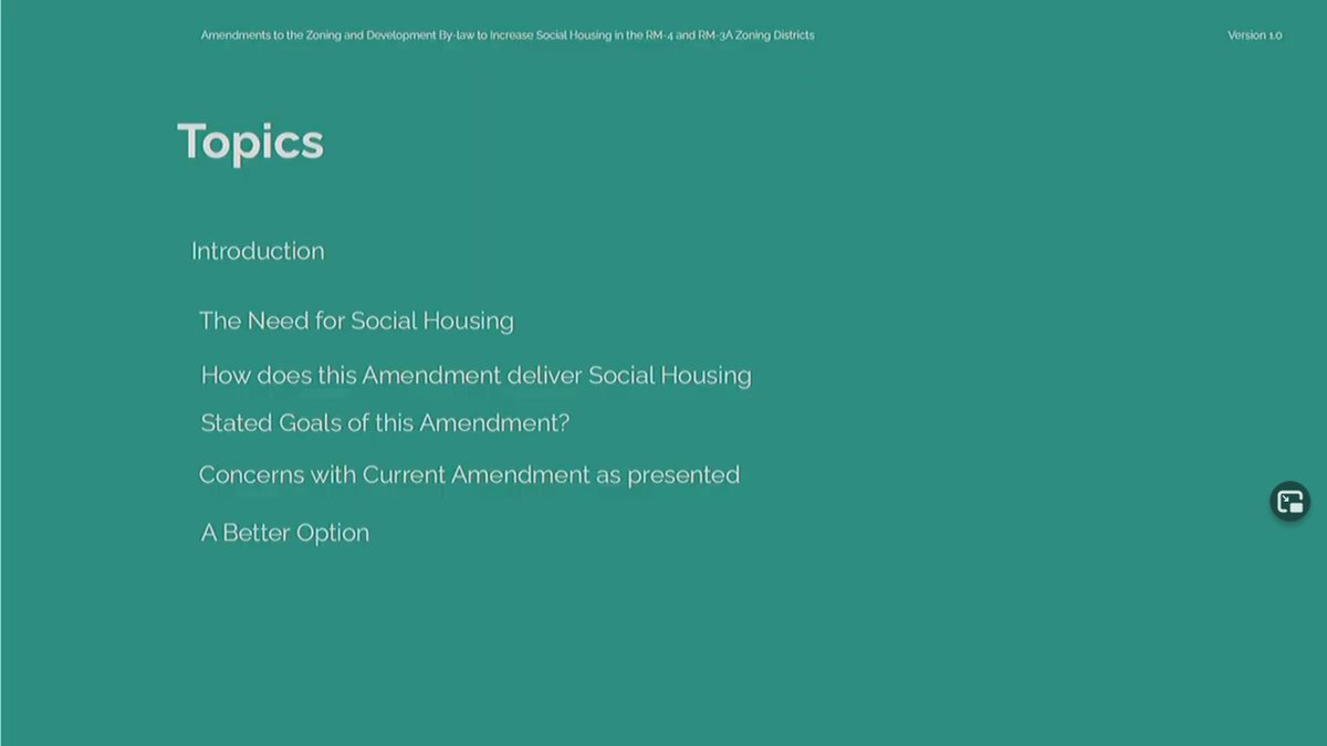 Anyways, we're back after a short break. This spkr has presentation...and concerns. CONCERNS."Obviously I'm a big proponent of social housing, but in this case I'm opposed" you can't make this stuff up