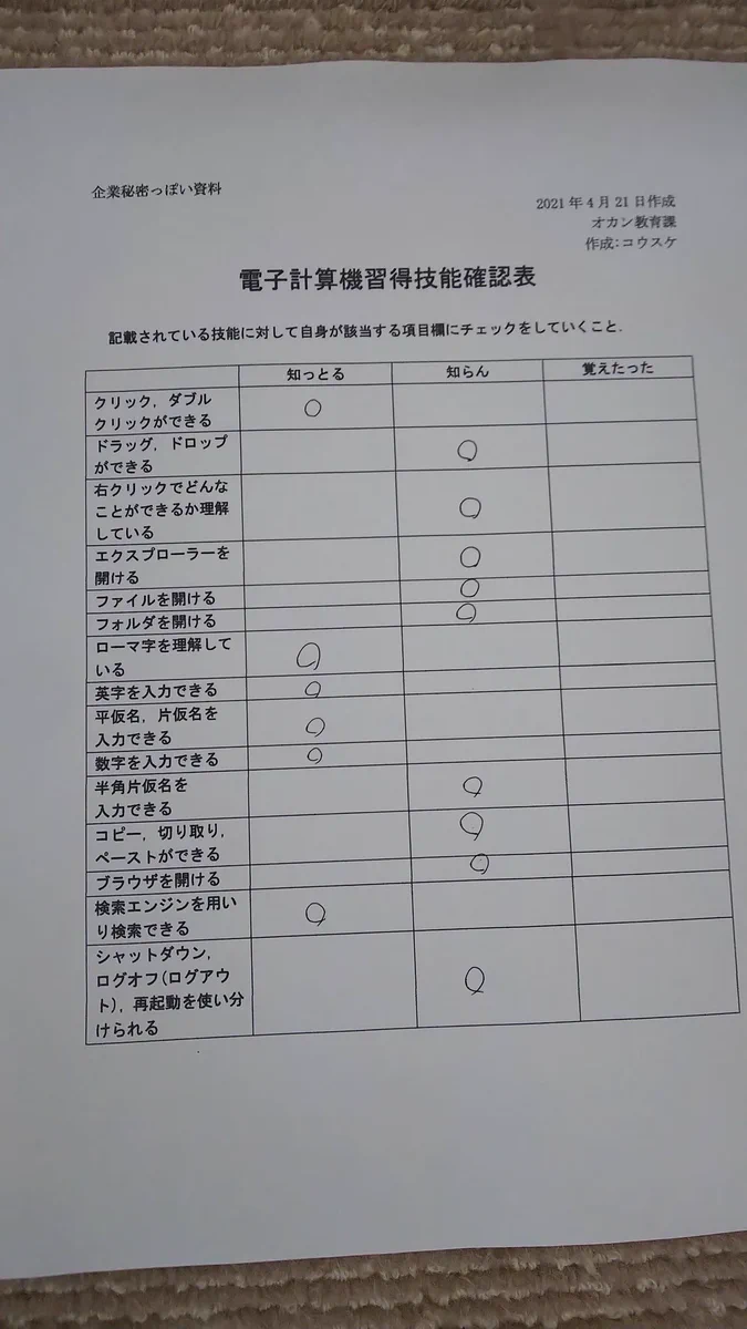 オカンにパソコン教えろと言われたので2分で作った確認表ｗｗｗ