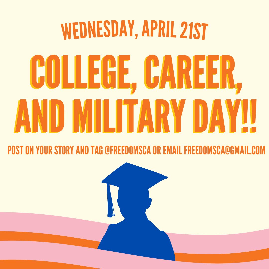 Don’t forget to dress up for college, career, and military day tomorrow!! Tomorrow’s pep rally challenge will be to guess the songs that will be played on the morning announcements! Email your guesses to freedomsca@gmail.com to earn your class spirit points! Happy spirit week!!!!
