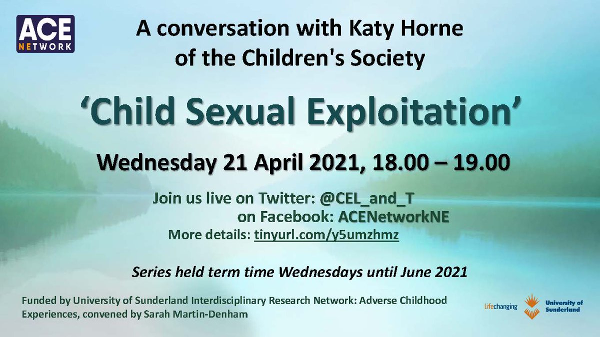 UoSResearch's tweet photo. TONIGHT!
Come and join Sarah, Al &amp; Katy at 6pm
A conversation with Katy Horne
‘Child Sexual Exploitation’
https://t.co/1UC0fyyqf6
@BlogSenco @ruthcoaching @Mr_Al_Coates @ACEnetworkNE @CEL_and_T @CASS180661
@UoSSocSciences @sencochat @ncuc_research @childrensociety https://t.co/yff7inWLmz