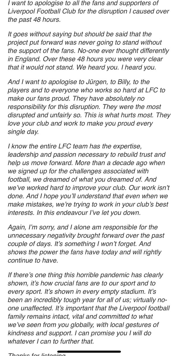 John Henry takes ownership of the fiasco. Tells Liverpool fans he alone is to blame.