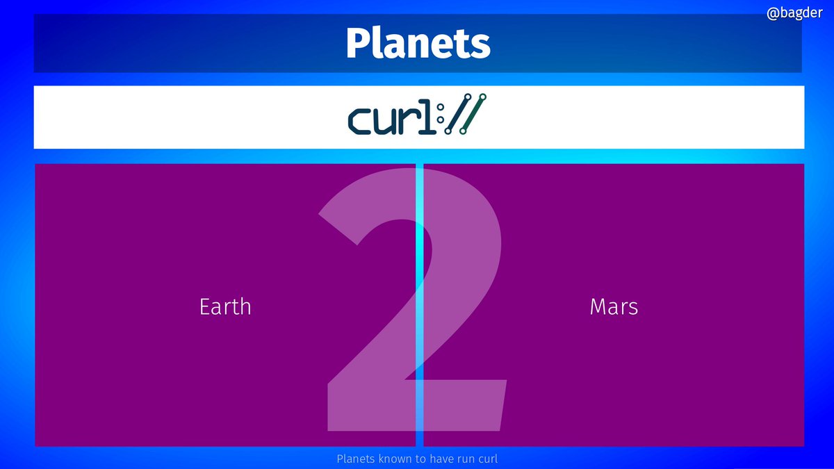 bagder's tweet image. I'm trying out a new slide in my curl presentation slide set. You know; runs on 86 operating systems, 22 CPU architectures, and... 2 planets.