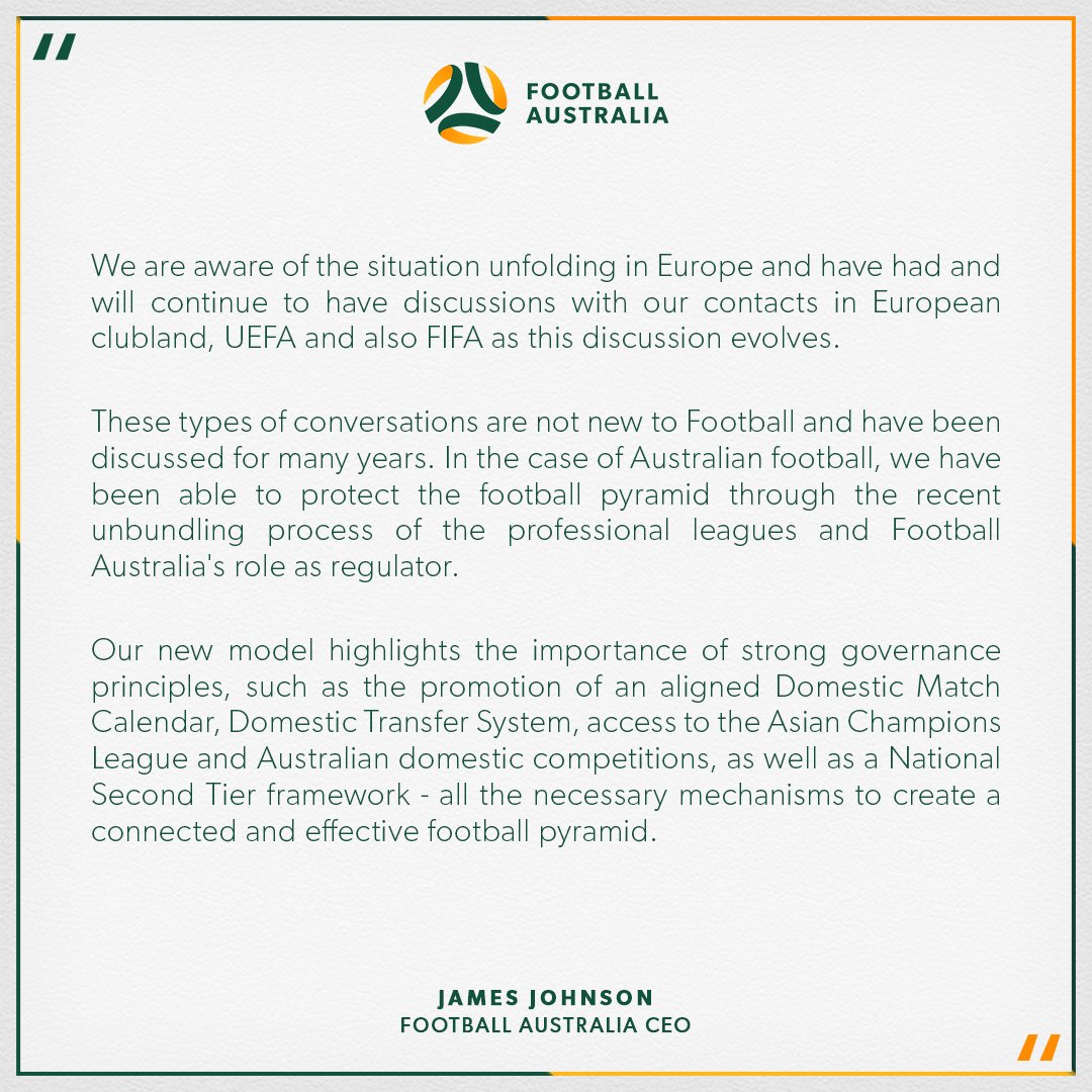 Football Australia on Twitter: "As discussions regarding The Super League to @FootballAUS Chief Executive Officer, James Johnson, today shared an Australian perspective on the globally significant football developments. https://t.co ...