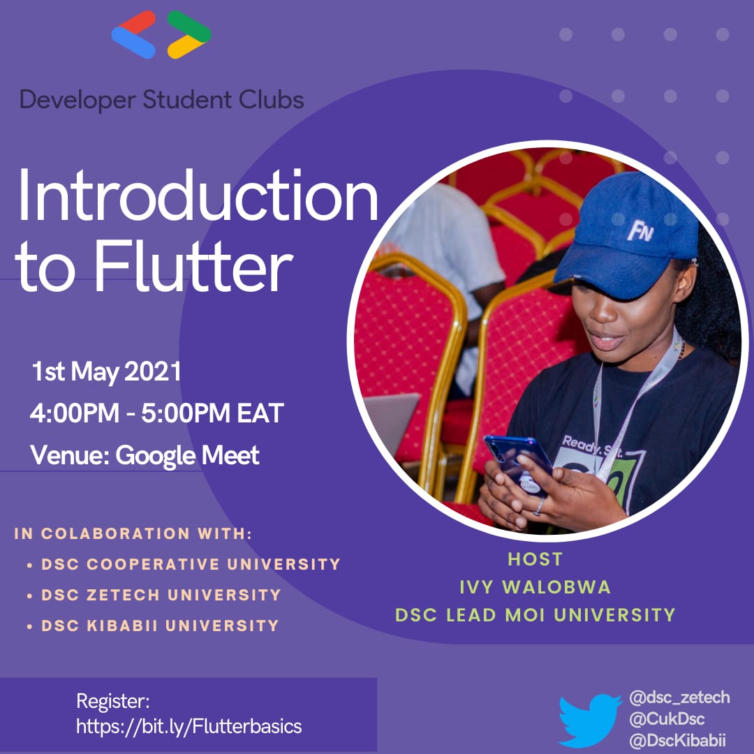 CukDsc's tweet photo. Having introduction to flutter on 1st may. In collaboration with @dsc_zetech and @dsckibabii. Join us to learn flutter basics. We will be having @Iwalobwa as our speaker. See you there. https://t.co/S3FmzCqJb3