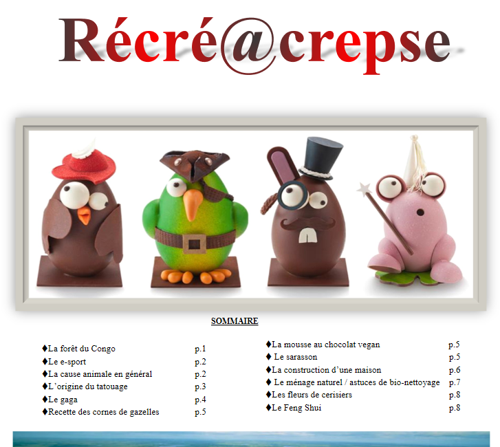 CREPSE42's tweet photo. Le nouveau numéro du Récré@Crepse vient de sortir.
Cette 26ème édition du journal des stagiaires vous propose de partir à la découverte de la forêt du Congo, de réaliser une recette de mousse au chocolat vegan ou encore de vous mettre au Feng Shui…
https://t.co/mmiTohAjtd https://t.co/gpIHKPKydQ
