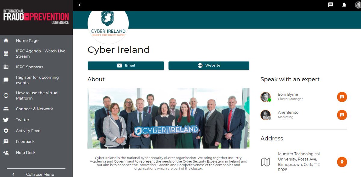 CyberIreland's tweet image. Int&apos;l. Fraud Prevention Conference - Today!

We&apos;re delighted to be supporting the #IFPC2021 FinCrime &amp;amp; Cyber Security event and promoting Ireland&apos;s #CyberSecurity sector to over 1000 international delegates!

Come visit us at our virtual booth: internationalfraudprevention.com
@IDAIRELAND