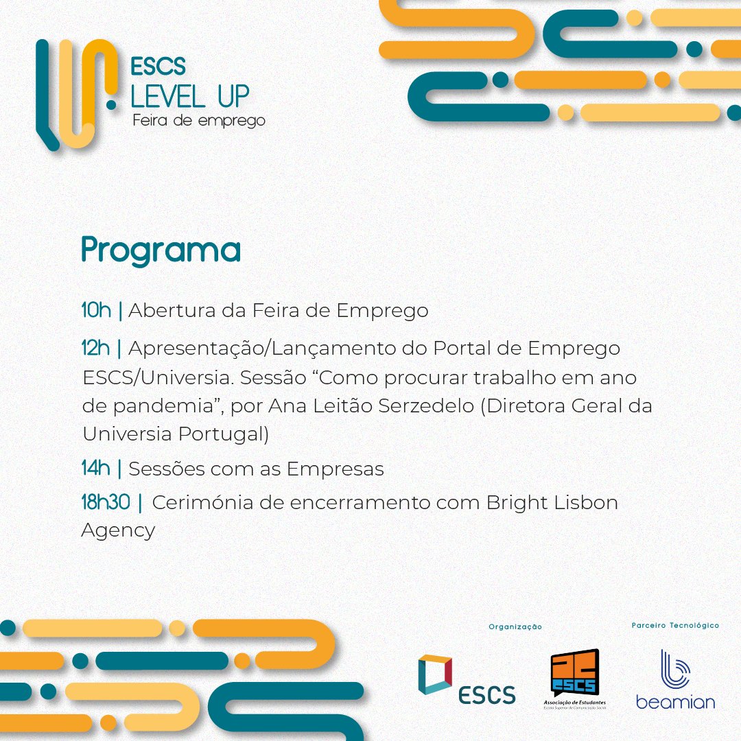 ESCS's tweet image. 📢 Já espreitaste o programa da 1.ª edição da Feira de Emprego #ESCSLevelUp? 📢 • 📌 Mais info: bit.ly/3gnPAt4