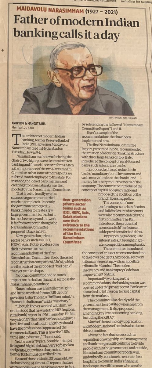 gopalkagarwal's tweet photo. My tribute to Shri #MNarasimhan we lost a greatmind in financial & banking sector. We owe a lot him. Modern day banking reforms originated from #NarasimhanCommittee. Most of his recommendations have been implemented including on resolutions. The left one like #FRDI be on agenda https://t.co/n9JPBChhZ8