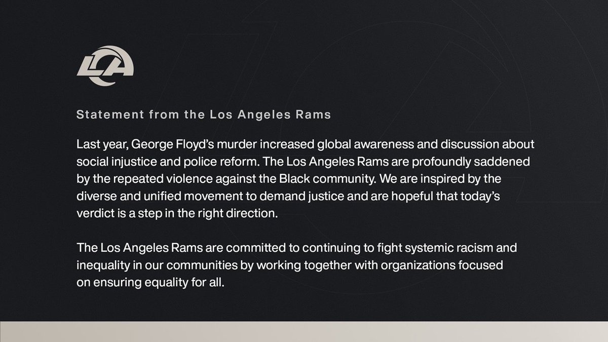 In their statements 3  #NFL teams refer to the "the senseless murder" of  #GeorgeFloyd ( @Broncos;  @BuffaloBills;  @washingtonnfl) while  @RamsNFL refers to his murder.His murder is not explicitly acknowledged by any other team in their statement