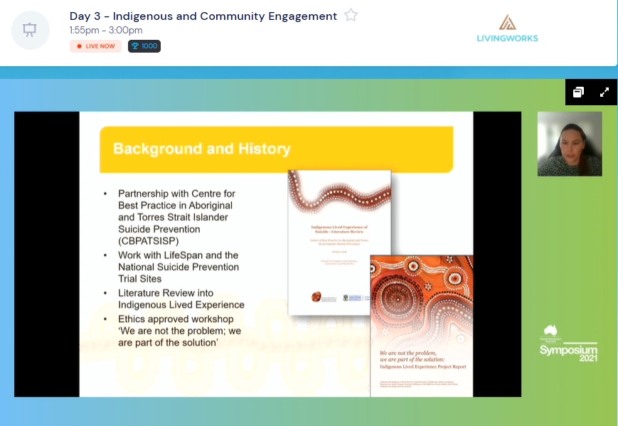 .<a href="/TiarneeSchafer/">Tiarnee schafer</a> from <a href="/blackdoginst/">Black Dog Institute</a> with "An overview of the Aboriginal and Torres Strait Islander Lived Experience Centre (ATSILEC)"
Day 3 - Indigenous Stream

Proud that <a href="/LivingWorksAus/">LivingWorks Australia</a> Indigenous trainer Dean Bayliss is on the ATSILEC advisory group 
#suicideprevention21